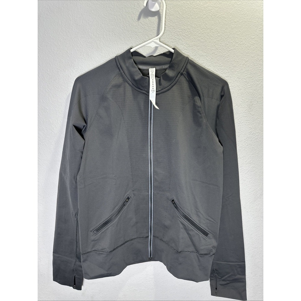 Lululemon Open Stride Bomber Jacket Size 12 Dark Gray Full Zip thumb holes